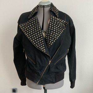 Vintage 90's black jean moto jacket with gold embellishments by IB Diffusion